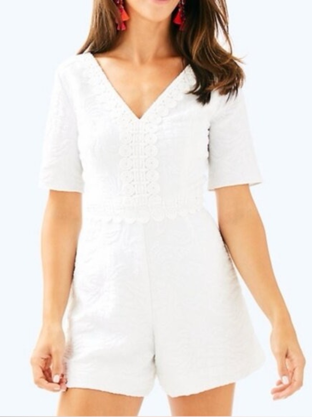 Lilly Pulitzer White V-Neck Short Sleeve Romper with Eyelet Detail